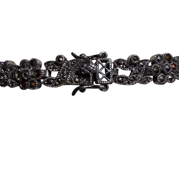 Vintage Sterling Silver Floral Marcasite 7” Bracelet - Picture 3 of 10